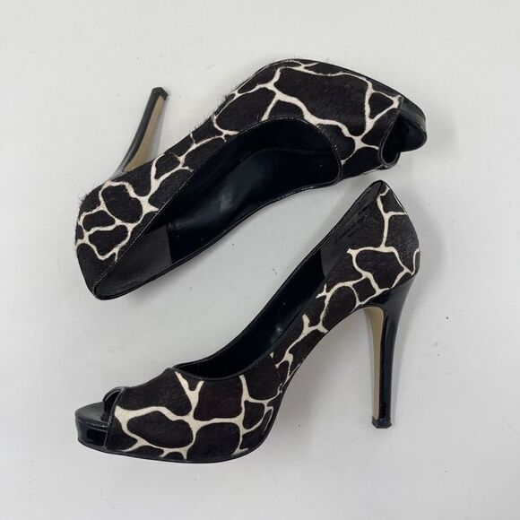 Nine West Women's Stiletto Calf Hair Giraffe Peep Toe Heels Black White Size 7.5 - Picture 4 of 10